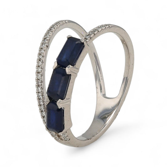 14K White gold natural diamonds blue sapphire bypass ring-SPR0214W