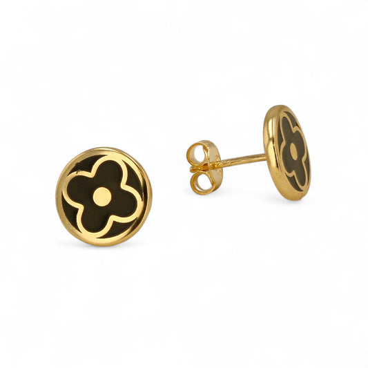 14K Yellow gold onyx enamel clover studs earrings-227503