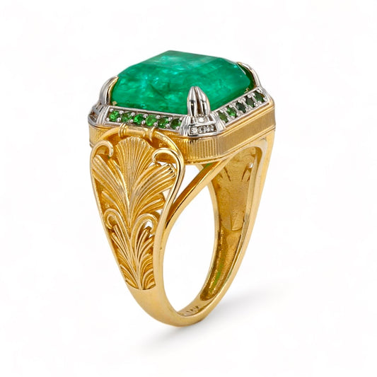 14K Yellow gold solid floral 13*13 emerald ring-3673