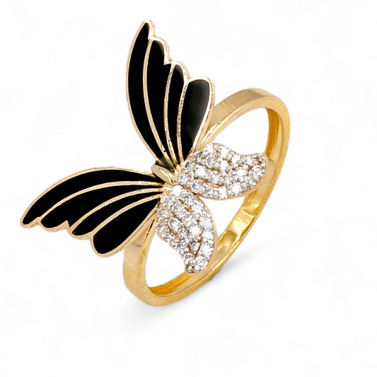 14K Yellow gold diamonds butterfly ring black enamel accents-628383