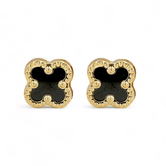 14K Yellow gold black clover stud earrings-63939