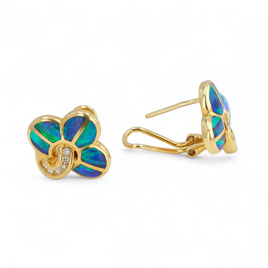 14K Yellow Gold clover Australian Opal and Diamond Studs-000YD