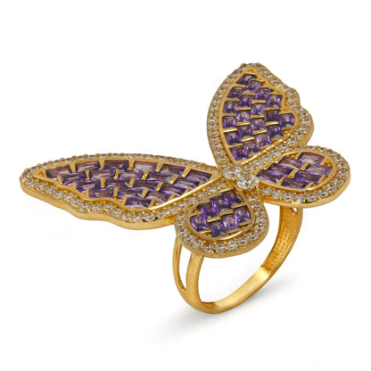 14K Yellow Gold Butterfly Purple Stone Ring - 223334