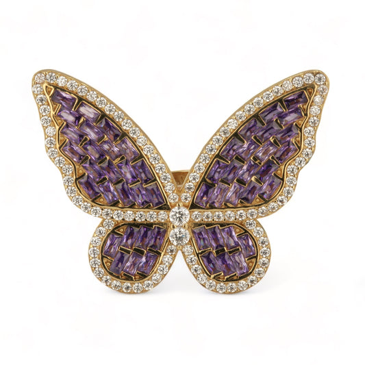 14K Yellow Gold Butterfly Purple Stone Ring - 223334