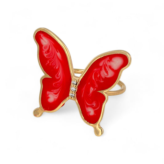 14K Yellow gold picasa diamonds red enamel butterfly ring-63994