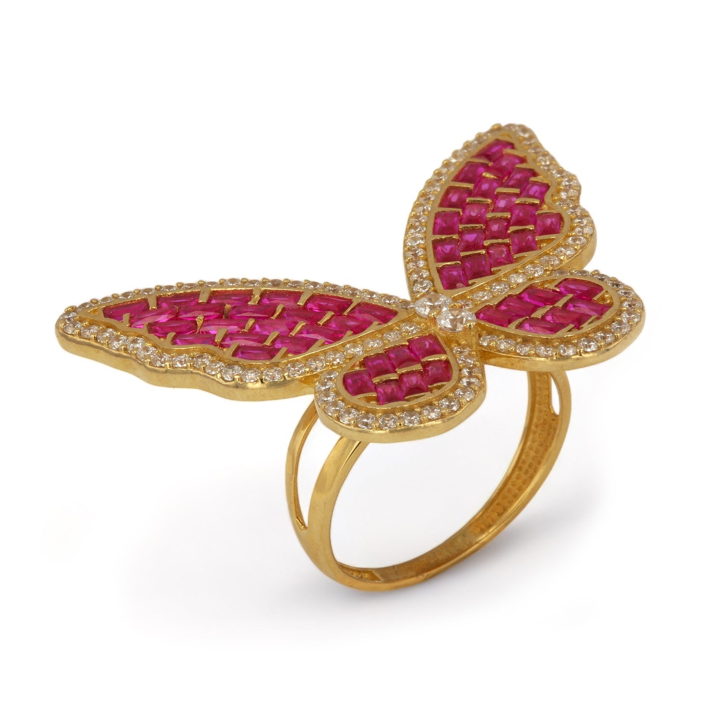 14K Yellow Gold Butterfly Fussia Stone Ring - 223335