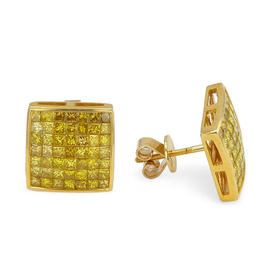 10K Yellow Gold and Yellow Princess Diamond Invisible Set Bezel Square Studs-YD1156Y