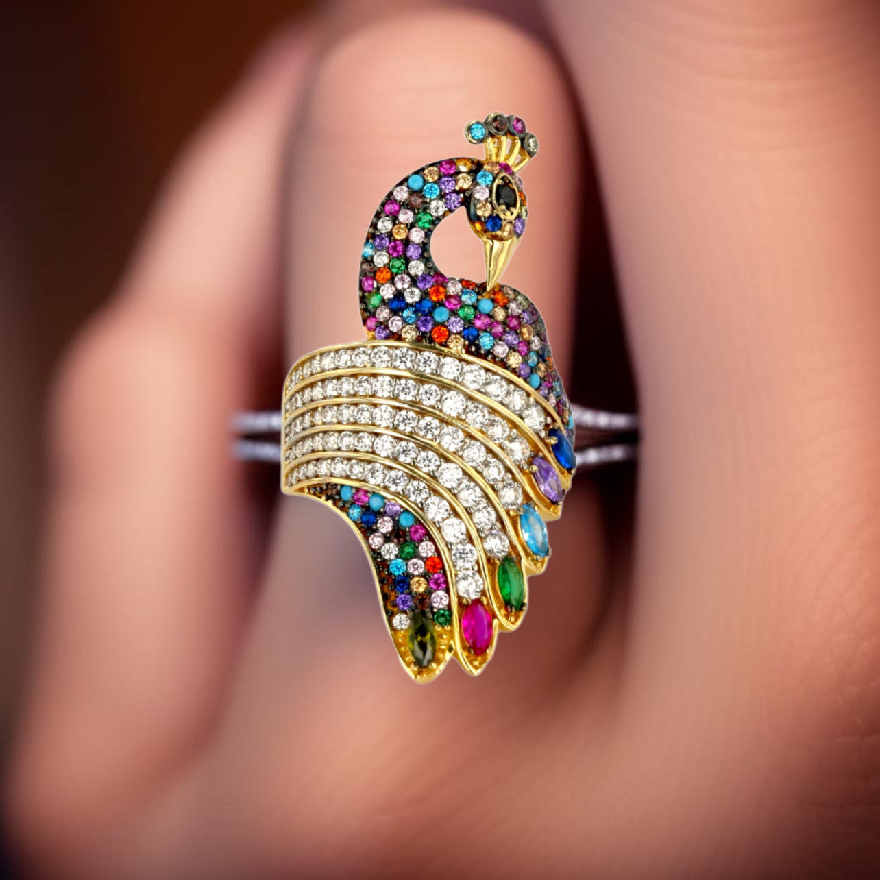 Yellow 14k gold colors stones peacock ring