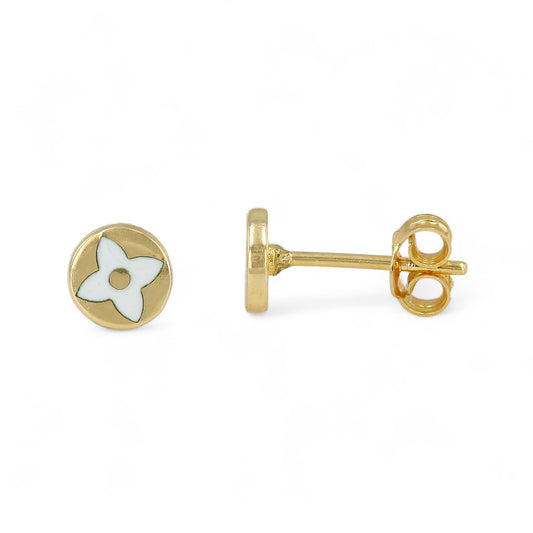 14K Yellow Gold White Enamel Studs Clover-227638