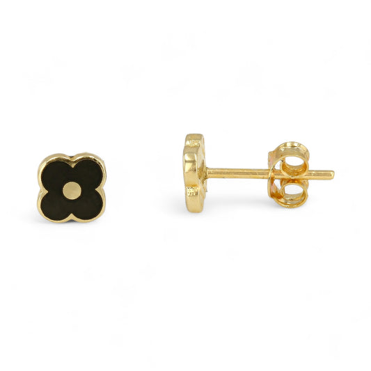 14K Yellow Gold Black Enamel Studs Flowers-227624