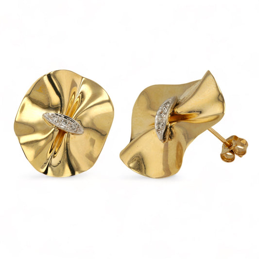 14K Yellow gold solid magnolia diamond accent studs earrings-14368
