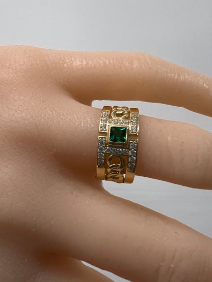 14K Yellow gold link ring green ZC gemstone ring-227170