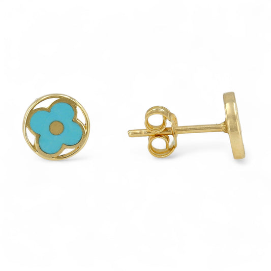 14K Yellow Gold Blue Enamel Studs Flower-227625