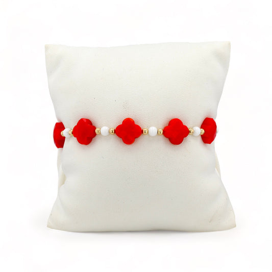 14K Yellow gold red coral and white agate clover bracelet-2738338