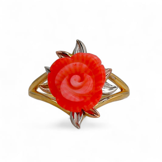 14K Yellow gold solid red coral handcrafted ring-5383994