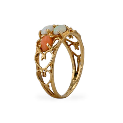 14k yellow gold opal mix coral heart design lady ring