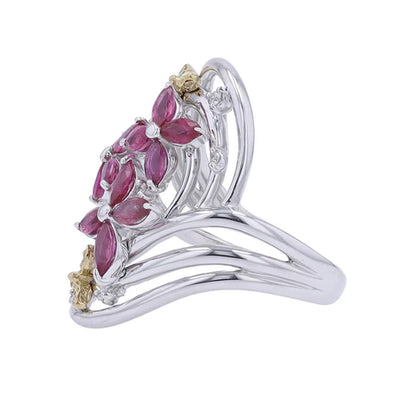18K White gold 1.35 CT Ruby and diamonds oval Flower Ring-GMR-34160