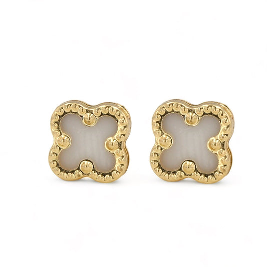 14K Yellow gold mother pearl clover studs earrings-52828