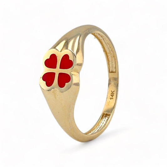 14K Yellow gold red enamel paint clover ring-225379