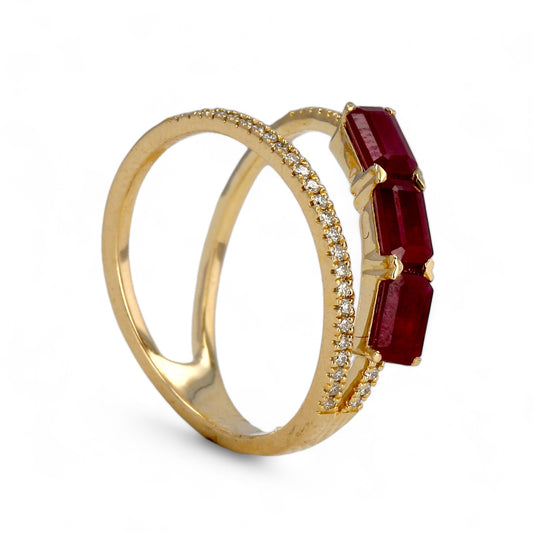 14K Yellow gold natural ruby and diamonds bypass ring-RB1029Y