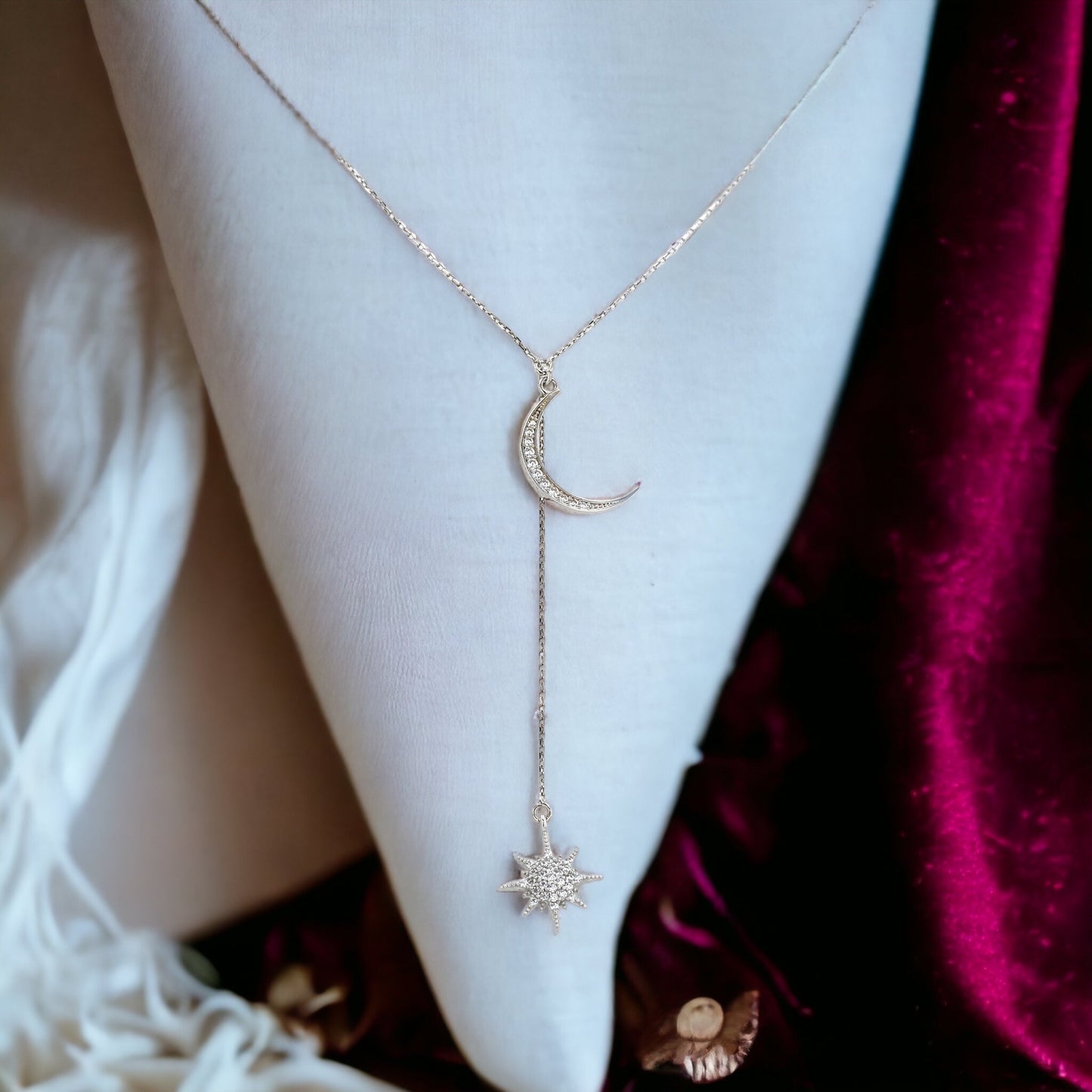 White 14k gold moon and star necklace