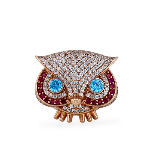 10K Rose gold blue eyes owl ring-224511