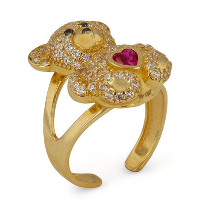 14K Yellow Gold Teddy Bear Ring with Red Stone and CZ - 224567