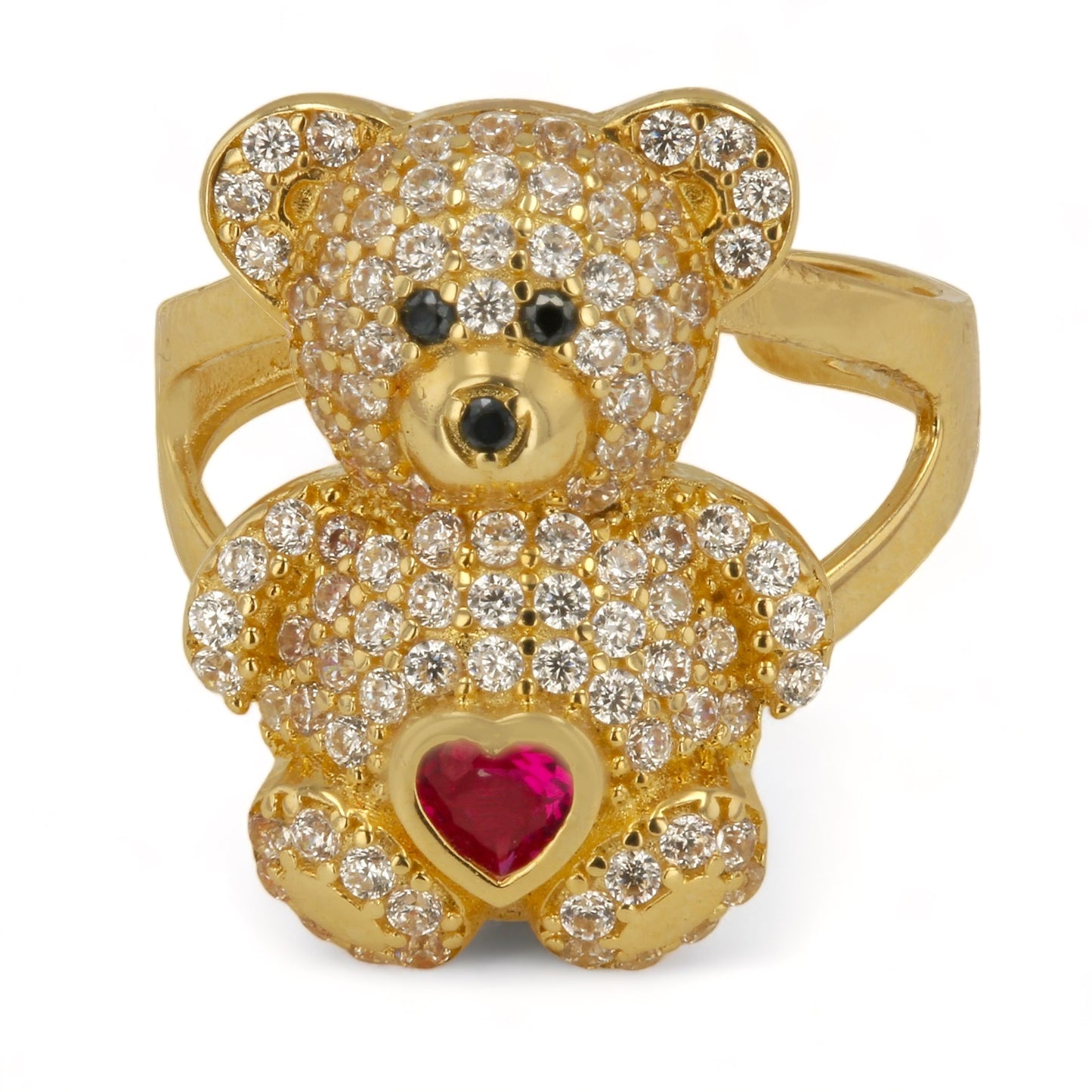 14K Yellow Gold Teddy Bear Ring with Red Stone and CZ - 224567