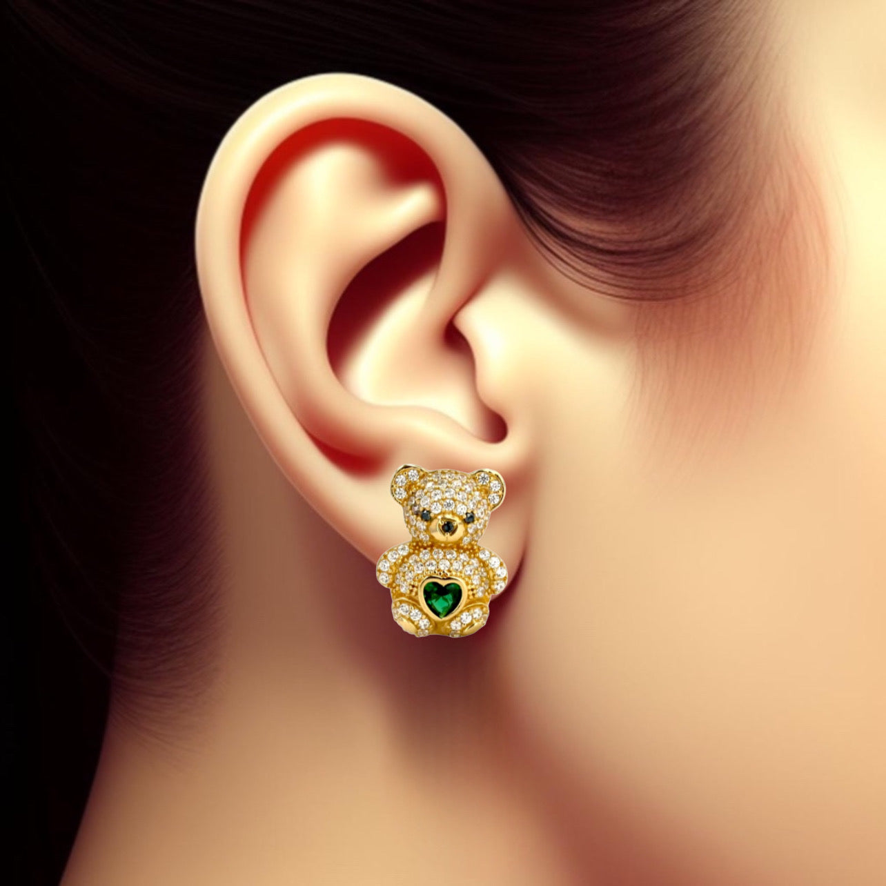 14k yellow gold big green Teddy bear earrings
