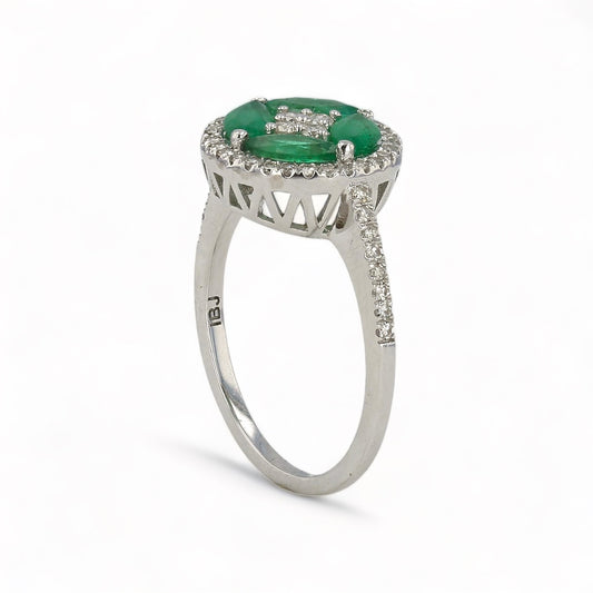 14k White  gold green emerald  diamonds accents clover ring-22697