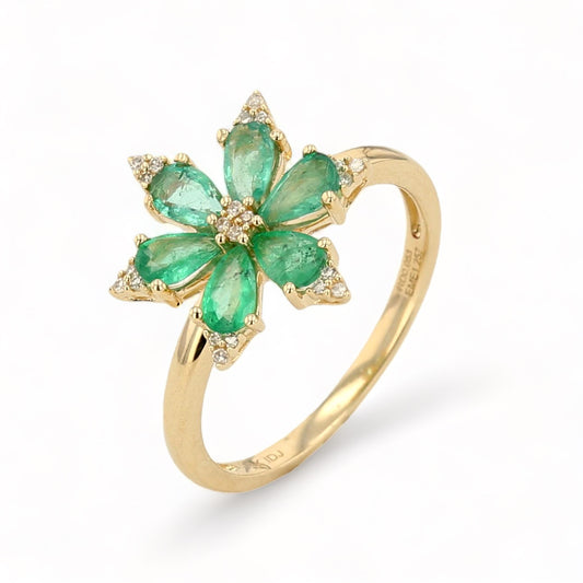 14K Yellow gold  Emerald and Diamond flower ring-31713