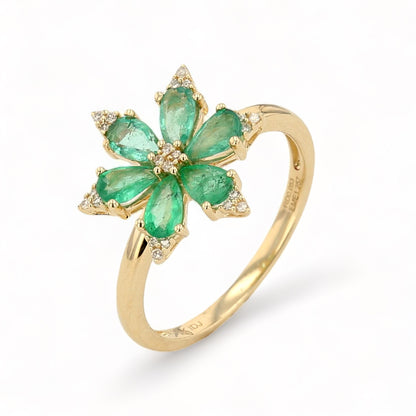 14K Yellow gold  Emerald and Diamond flower ring-31713