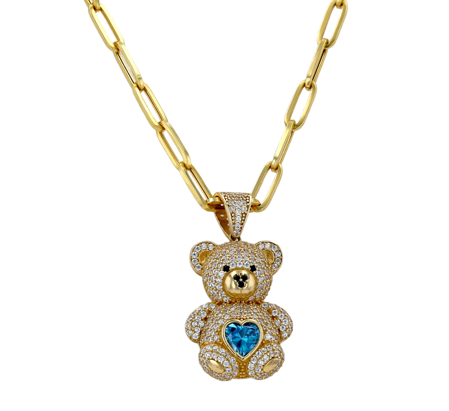Yellow gold 14k paper clip chain teddy bear pendant