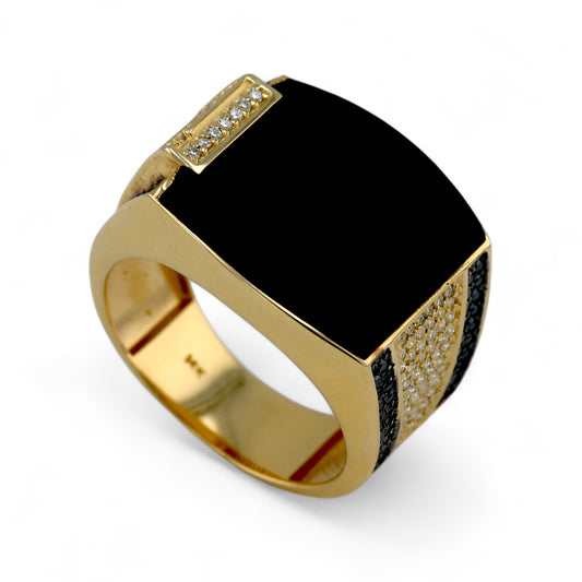 14K Yellow gold greek black enamel and black diamonds ring-228022