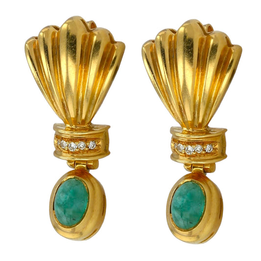 18K yellow gold drop tear emerald and diamonds dangling earrings-6802