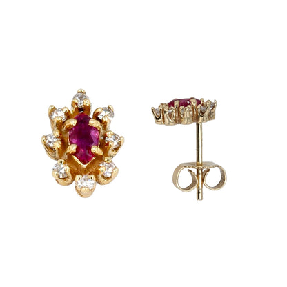 14K Yellow gold oval ruby diamonds flower studs-14135