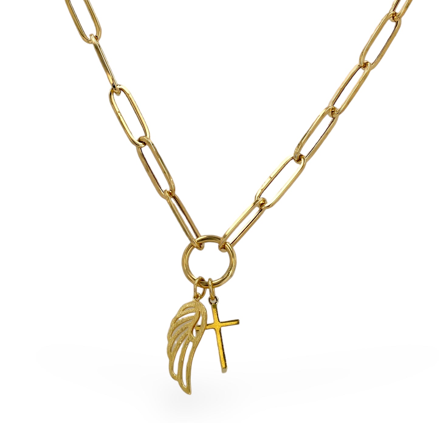 10k Yellow gold paper clip wings and cross necklace