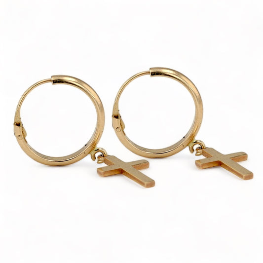 14K Yellow gold cross hoops earrings-3310