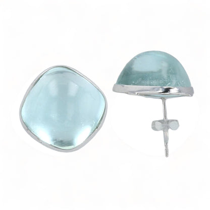 Big square  natural 15.20 CT natural aqua marine cabochon platinum bezel studs earrings-14080