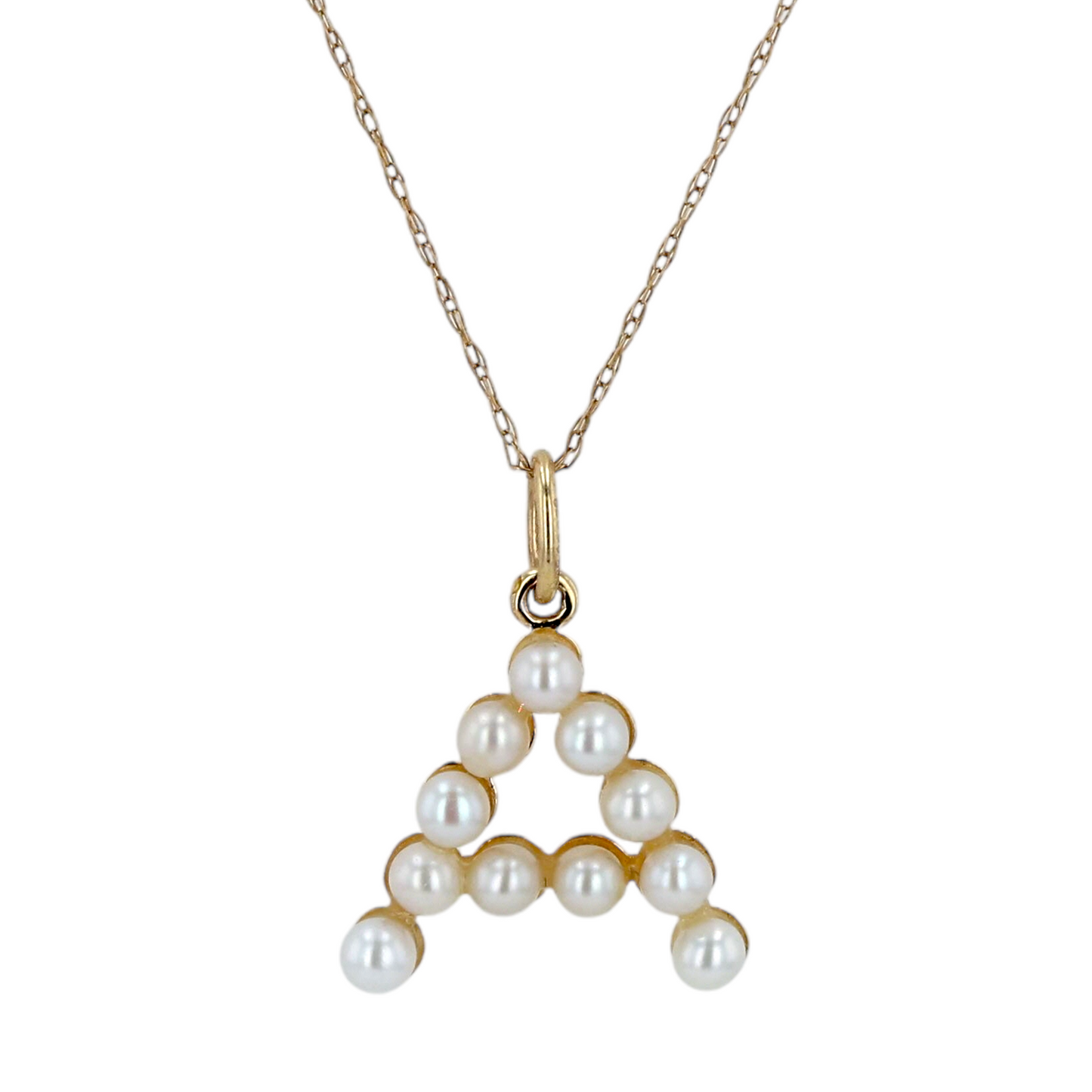 14K Yellow gold pearl letter A necklace-17289