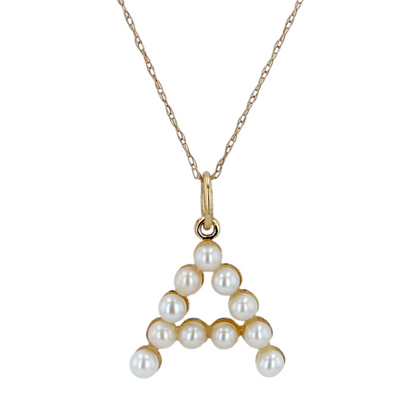 14K Yellow gold pearl letter A necklace-17289