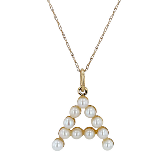 14K Yellow gold pearl letter A necklace-17289