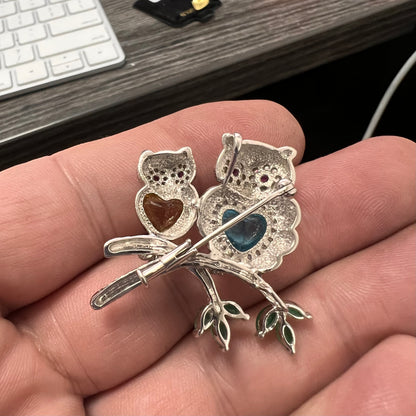 18k white gold duo owls accents blue topaz ruby citrine emerald and diamonds vintage pendant-Pin-11376