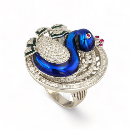 18K White gold peacock enamel with diamonds estate ring EFFY brand-28382