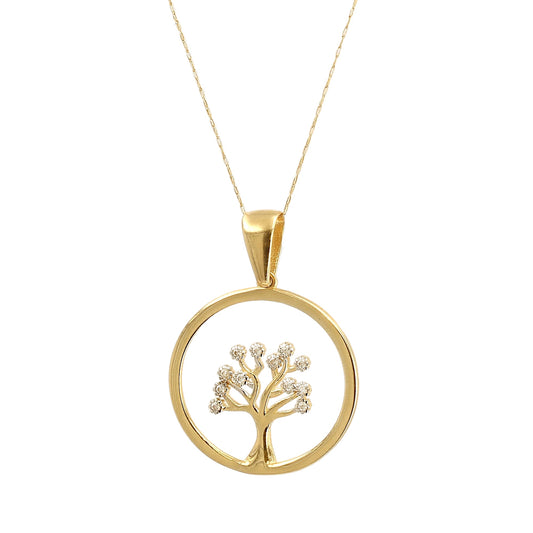 14K Yellow gold Singapore chain floating life of tree pendant-5283893