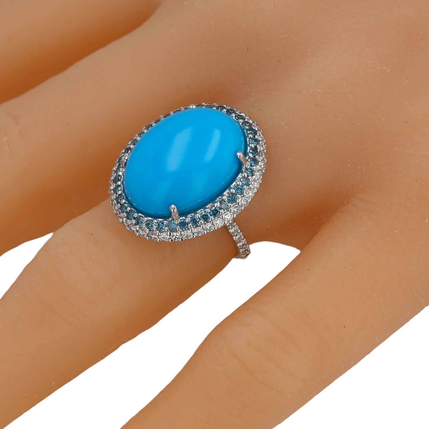 18K White gold oval natural turquoise halo blue diamonds ring