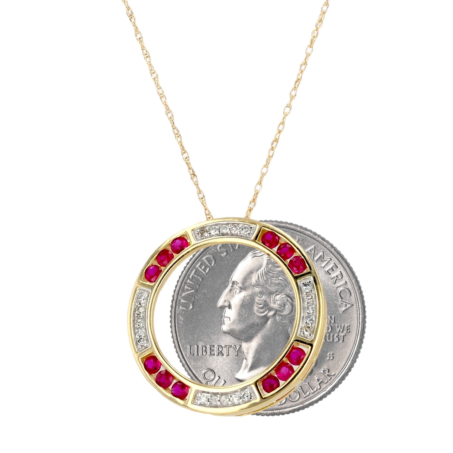 10K Yellow gold infinity circle alternate ruby and diamonds necklace-16728
