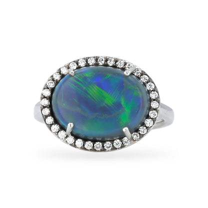 14K white gold rare natural oval Ethiopian opal diamonds setting ring-4489OV