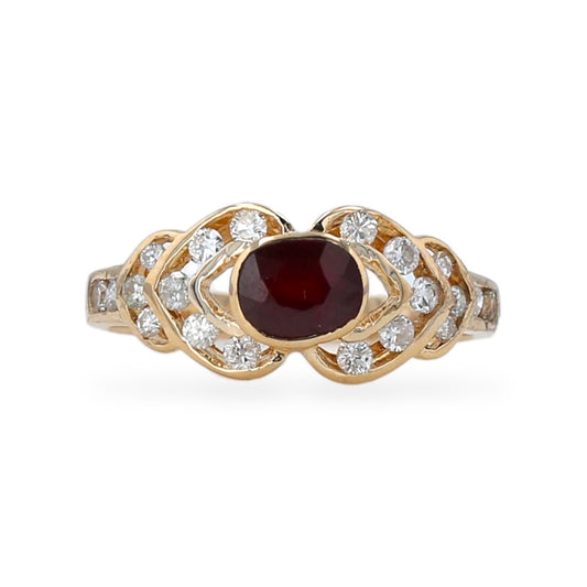 14K Yellow gold red espinel and diamonds petal ladys ring