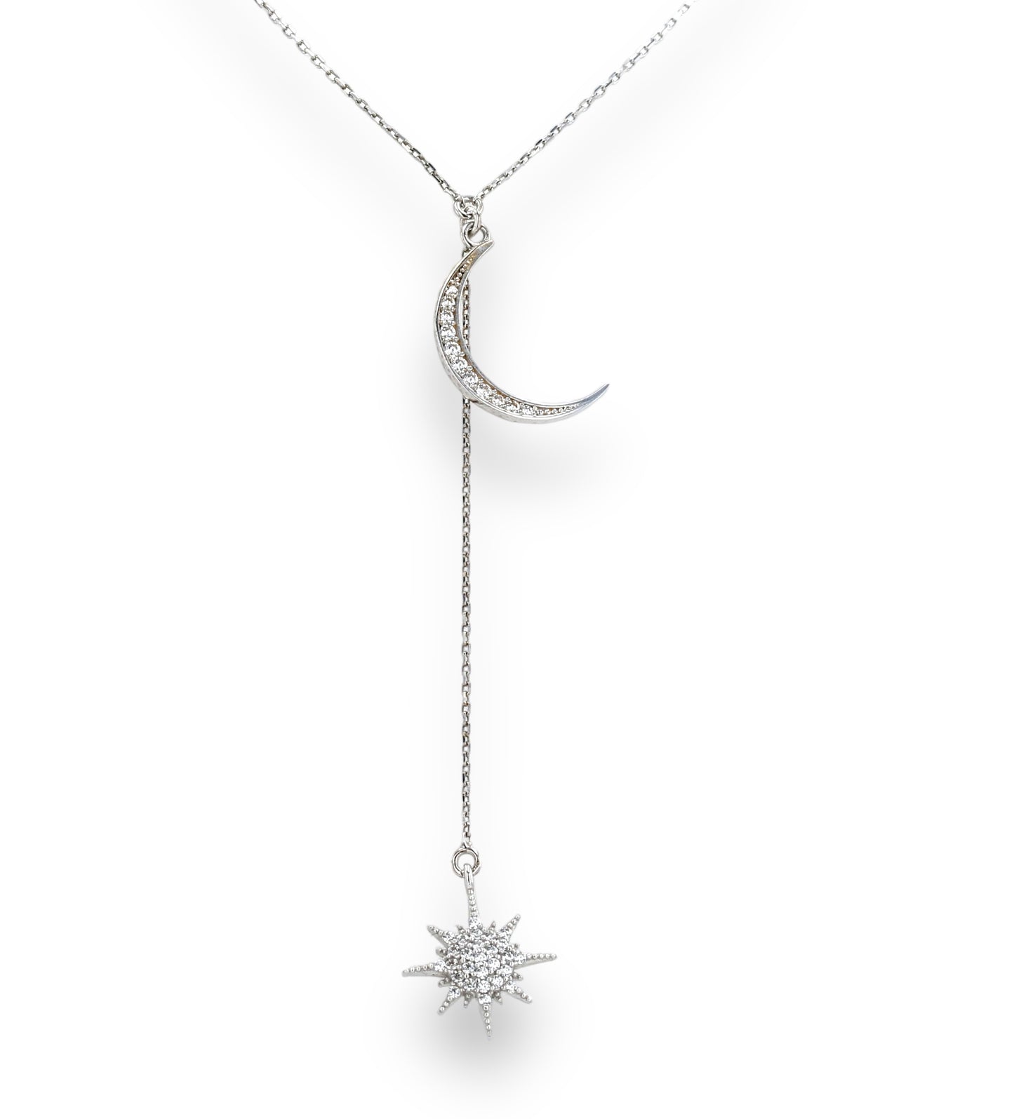 White 14k gold moon and star necklace